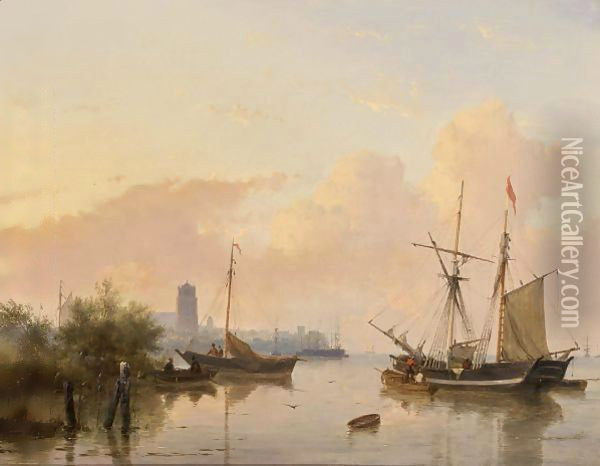 Ships On A River Near Dordrecht Oil Painting - Andreas Schelfhout