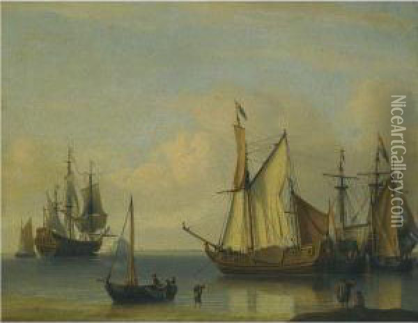 Dutch Vessels Anchored Close To The Shore In A Calm Oil Painting - Aernout Smit