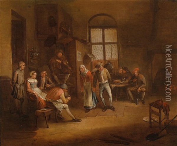 Bauerliches Interieur Mit Zahlreichen Personen Oil Painting - Egbert van Heemskerck the Elder