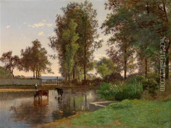 Teich In Sommerlicher Landschaft Oil Painting - Auguste Dandoy