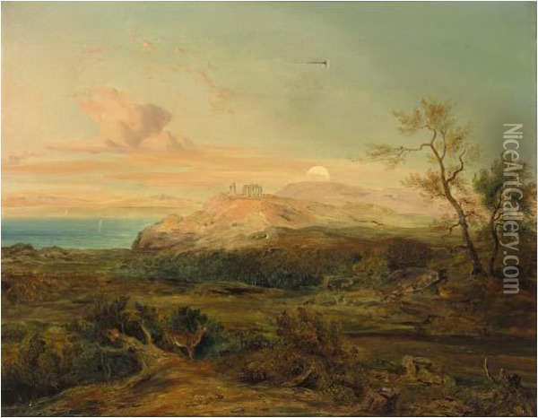 Rising Sun Over A Classical Landscape Oil Painting - Josef Jonas