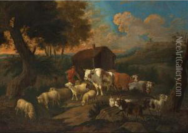 A Peasant With Sheep And Goats Near A Farmstead In A Hilly Summer Landscape Oil Painting - Dirk van Bergen