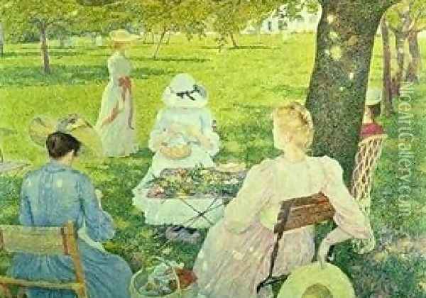 Family In The Orchard Oil Painting - Theo van Rysselberghe
