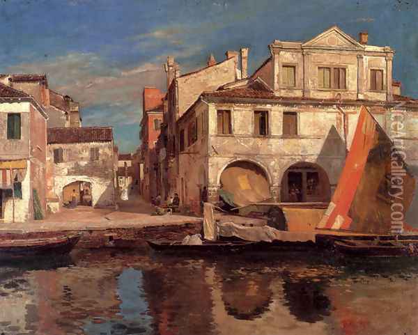 Kanalszene In Chioggia Mit Bragozzo Oil Painting - Gustave Bauernfeind