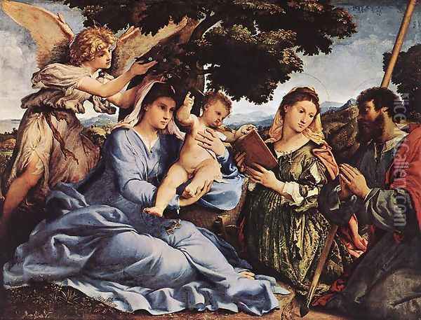 Madonna and Child with Saints and an Angel 1527-28 Oil Painting - Lorenzo Lotto