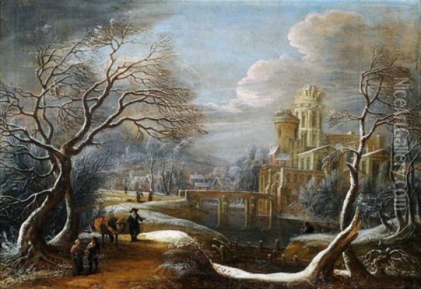 Winterlandschaft Mit Reisenden An Einem Fluss, An Dessen Ufer Sich Ein Schloss Erhebt Oil Painting - Theodore van Heil
