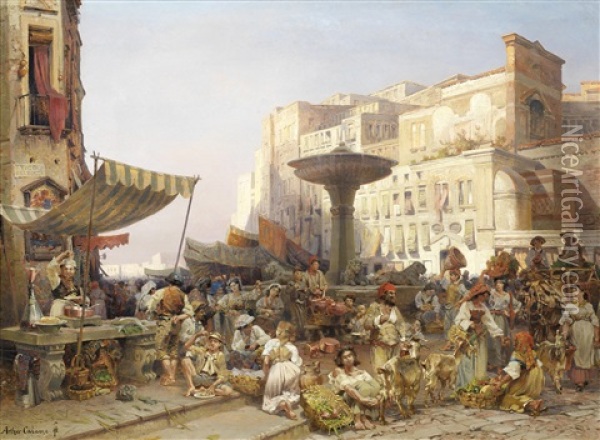 Vue D'une Place De Marche, Vico Del Porto, Naples Oil Painting - Jean-Baptiste-Arthur Calame