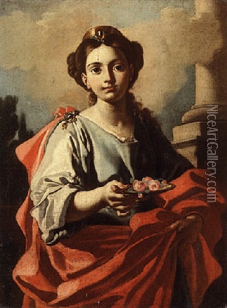 A Female Saint Holding A Plate Of Roses Oil Painting - Jacopo Cestaro