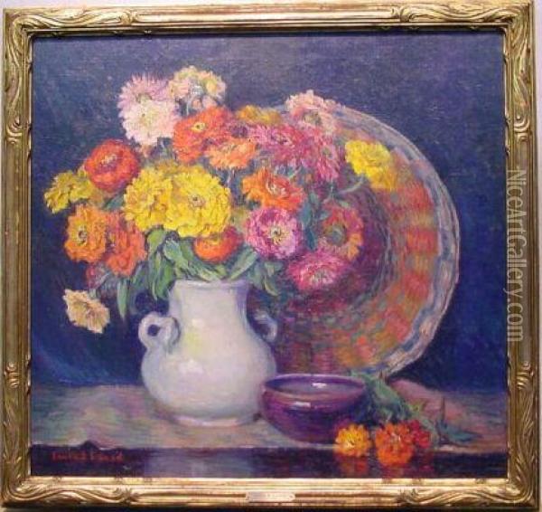 Floral Still Life With Woven Basket And Ceramic Bowl Oil Painting - Laura D. Stroud Ladd