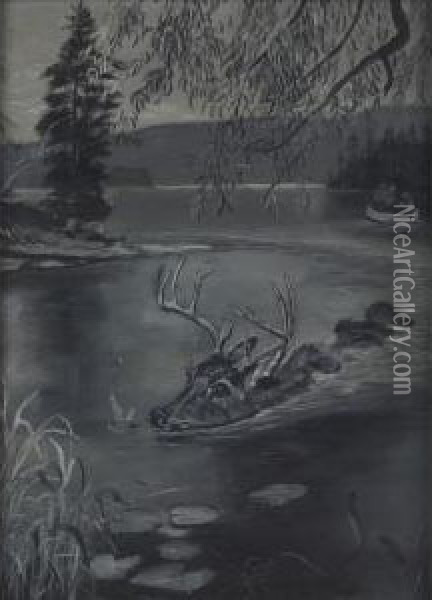 Deer In Water Oil Painting - J.W. Weir