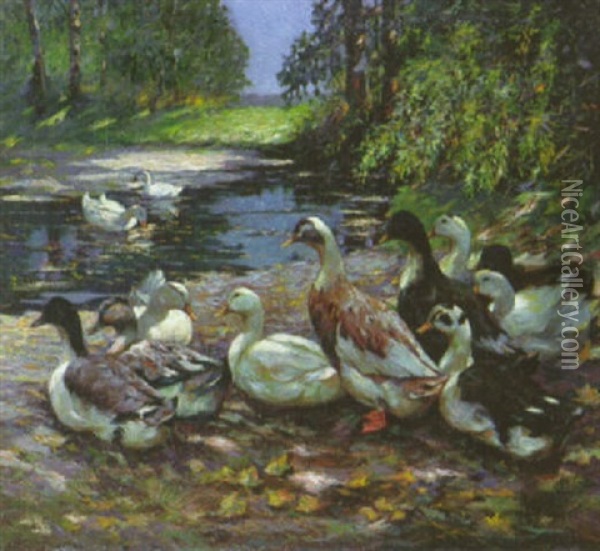 Enten Am Teich Oil Painting - Alfred Beyer