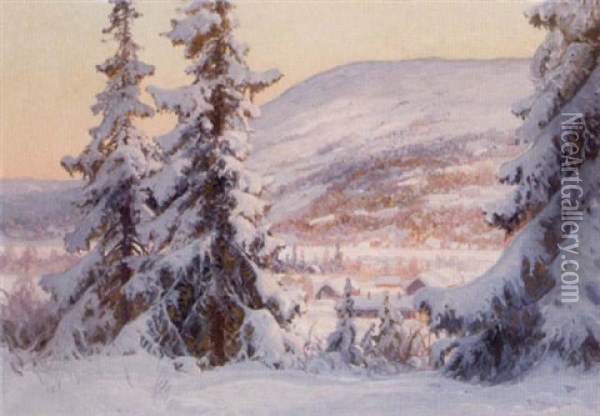 Solbelysta Stugor I Vinterlandskap Oil Painting - Carl Brandt