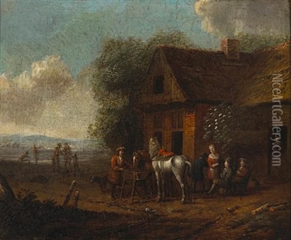 Figures And Horses Outside An Inn In An Extensive Landscape Oil Painting - Cornelisz van Essen