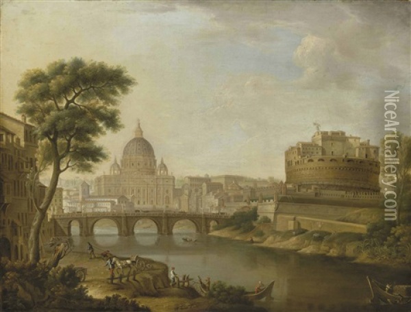 The Tiber, Rome, Looking Downstream With The Castel And Ponte Sant'angelo, Saint Peter's And The Vatican Oil Painting - Thomas Mitchell