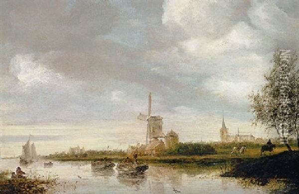 A River Landscape With Barges And Sailboats, A Windmill Nearby Oil Painting - Salomon van Ruysdael