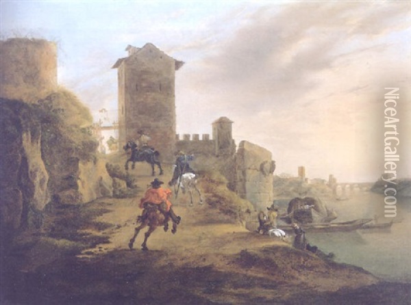 A River Landscape With Horseman Approaching The Walls Of A Town Oil Painting - Jan Asselijn