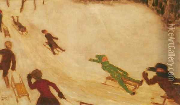 Children Sleighing Oil Painting - Franz von Stuck