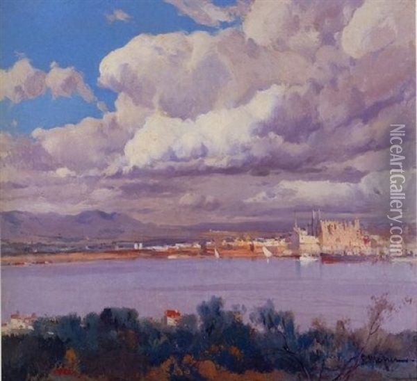 Bahia De Palma De Mallorca (a View Of Palma De Mallorca) Oil Painting - Eliseo Meifren y Roig