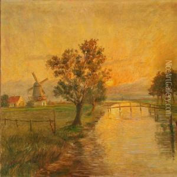 Landscape With A Stream And A Mill In The Evening Sun Oil Painting - Poul Friis Nybo
