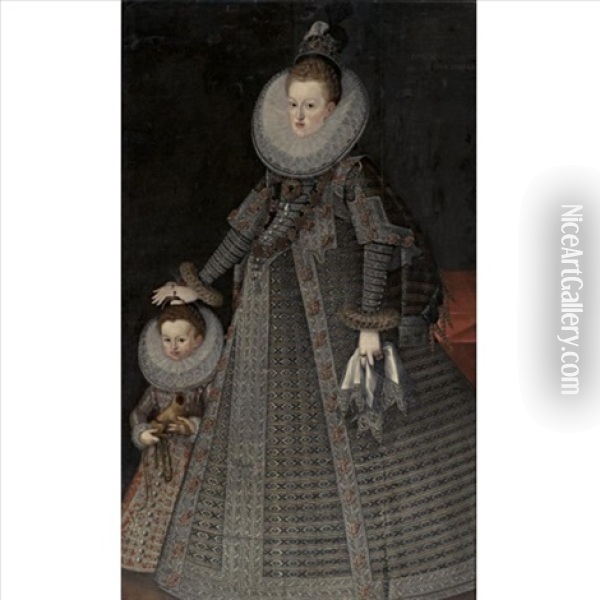 Portrait Of Margaret Of Austria, Queen Of Spain And Portugal And A Child Oil Painting - Bartolome Gonzalez