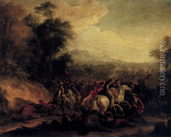 A Cavalry Engagement In A Landscape Oil Painting - Pierre Denis Martin
