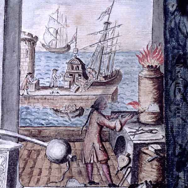 View from a workshop of silversmiths of the unloading of a merchant vessel into port, from a silversmith book Llibre de Passenties per Argenters, 1761 Oil Painting - Onofre Vilar