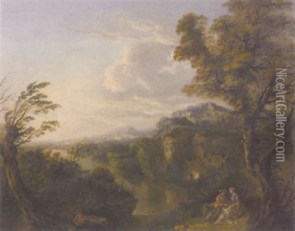 An Extensive River Landscape With A Couple Courting On A Bank Oil Painting - Nicolas-Jacques Juliard