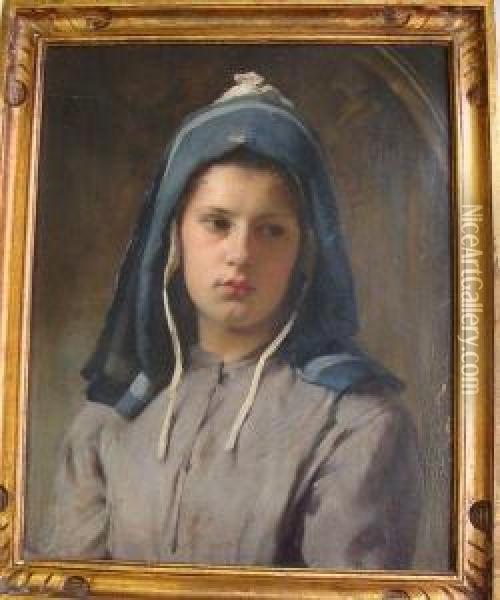 Portrait De Jeune Femme Au Fichu Bleu Oil Painting - Charles Sprague Pearce