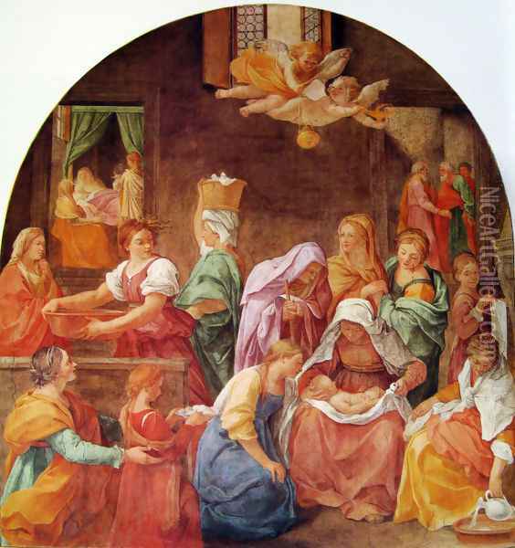 Frescoes in the Palazzo Quirinale, Cappella dell'Annunciata, entrance wall, scene, Maria birth Oil Painting - Guido Reni