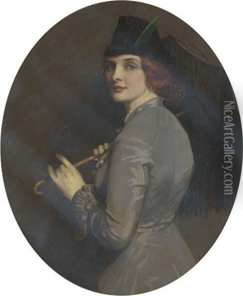 Portrait Of A Lady, Half-length, In A Green Dress, Holding Aparasol Oil Painting - Thomas E. Mostyn