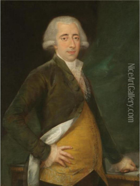 Portrait Of A Gentleman, Three Quarter Length, Wearing A Yellow Waistcoat And Green Coat Oil Painting - Augustin Esteve