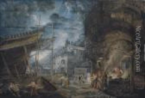 The Dockyard Of A Mediterranean Port At Dusk Oil Painting - Abraham Louis R. Ducros