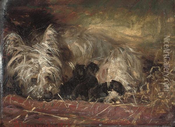A Terrier And Puppies In A Stable Oil Painting - Robert L. Alexander