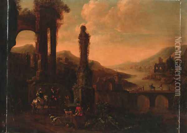 Elegant horsemen watering horses at a fountain before a ruin, a bridge with a drover and cattle beyond Oil Painting - Philips Wouwerman