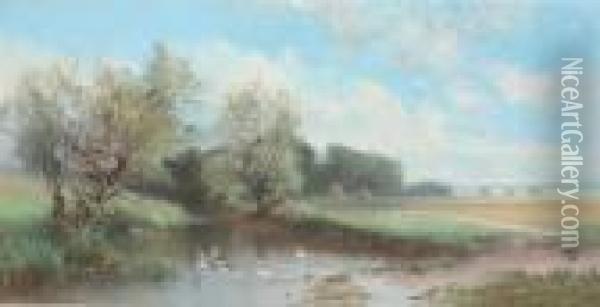 Landscape With Ducks On Pond Oil Painting - John Francis Murphy