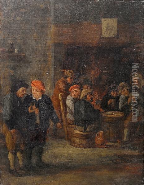 A Tavern Interior With Peasants Drinking Andplaying At Cards Oil Painting - David The Younger Teniers