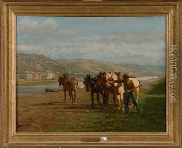 Paysan Et Ses Chevaux En Bord De Fleuve Oil Painting - Cornelis Albert Johannes Schermer