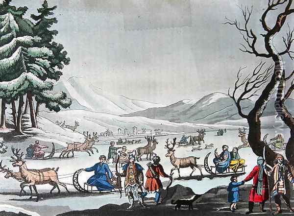 Tungus leaving their winter camp on sleighs pulled by reindeer Oil Painting - E. Karnejeff