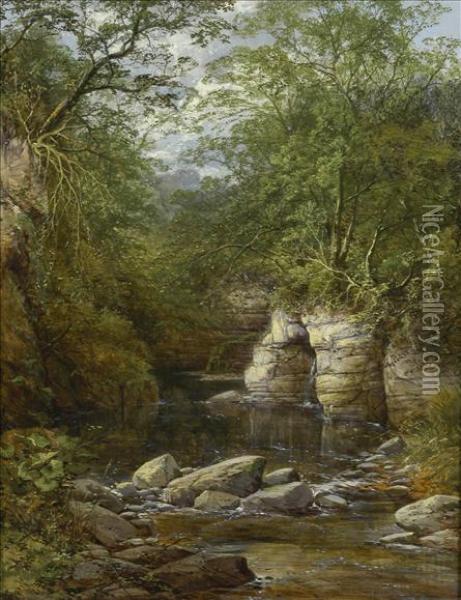 In North Wales, A Woodland Stream Oil Painting - John Brandon Smith