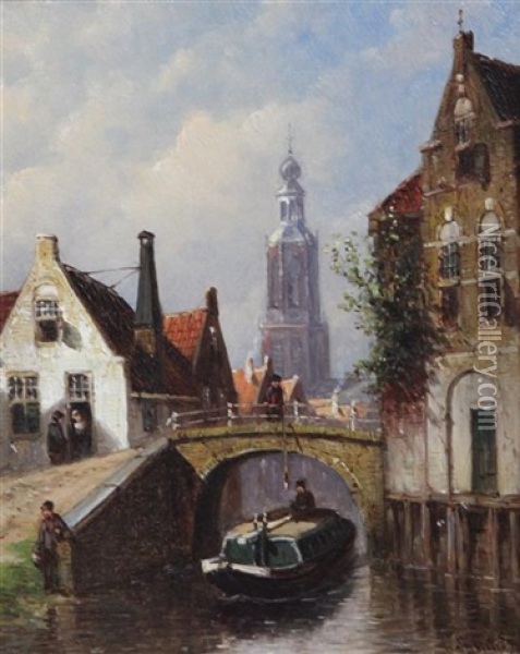 View Of The Old Church, Amsterdam And Street Scene In The Snow Oil Painting - Pieter Gerardus Vertin