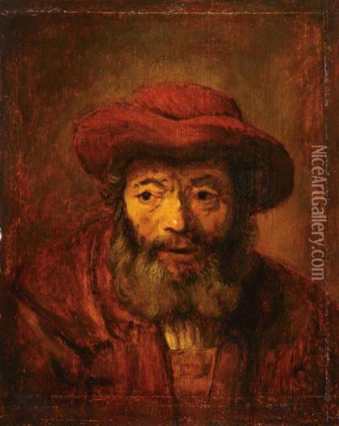 Man With A Beard Wearing Red Hat Oil Painting - Rembrandt Van Rijn