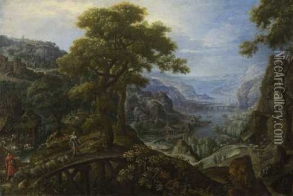 Flusslandschaft Mit Schafherde Und Flucht Nach Agypten Oil Painting - Marten van Valkenborch the Elder