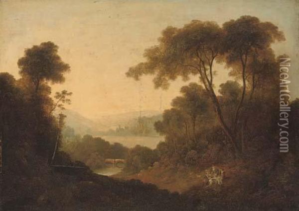 A Wooded River Landscape With Travellers At Rest On A Bank Oil Painting - Thomas Barker of Bath