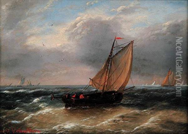 Untitled - Sailing Ship On Stormy Day Oil Painting - Louis Verboeckhoven