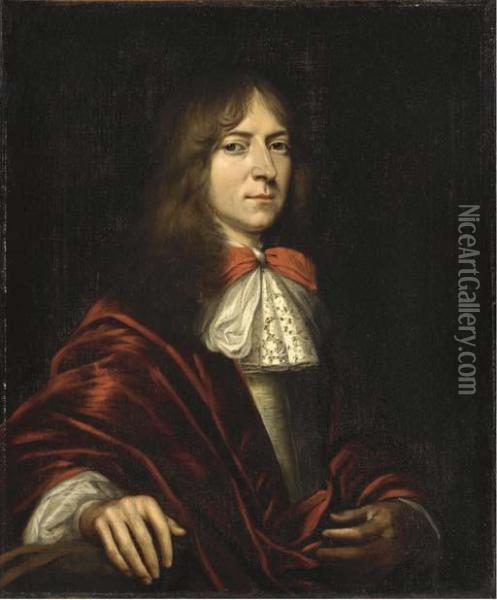 Portrait Of A Gentleman, Three-quarter-length, In A Crimsonrobe Oil Painting - Daniel Mytens
