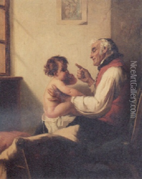 The First Lesson Oil Painting - August Mueller