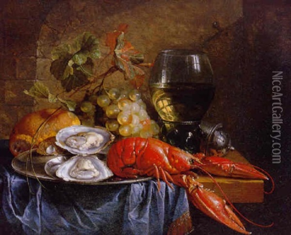 A Lobster, Oysters On A Pewter Plate, Grapes, A Bread Roll, A Pepper Box And A Roemer On A Partly Draped Table In A Niche Oil Painting - Cornelis De Heem