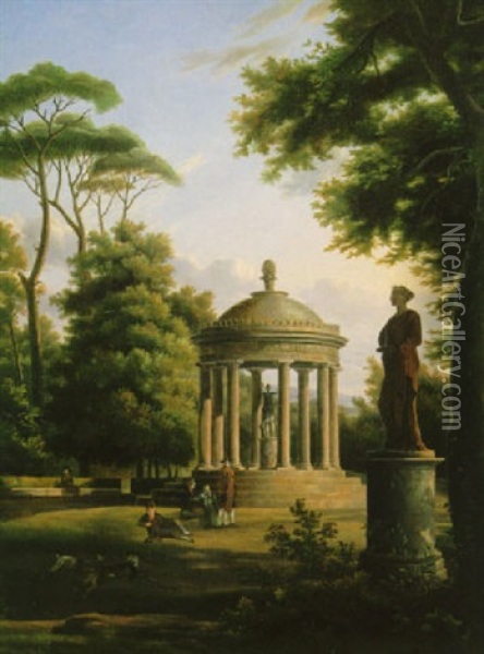 Landscape With A View Of The Villa Borghese &    Landscape With The Temple Of Diana In The Borghese Gardens Oil Painting - Etienne Chevalier de Lorimier