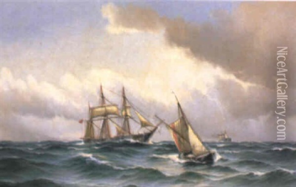 Marine Med Tre Skibe Pa Havet Oil Painting - Vilhelm Victor Bille