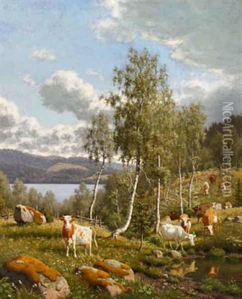 Swedish Landscape With Cattle Near A Lake Oil Painting - Carl Henrik Bogh